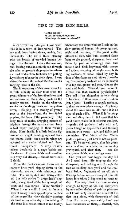 Life in the Iron Mills — first-edition cover